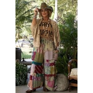 Jaded Gypsy Patchwork Wide Leg Cargo Pants Boho Festival Multi Color One Size
